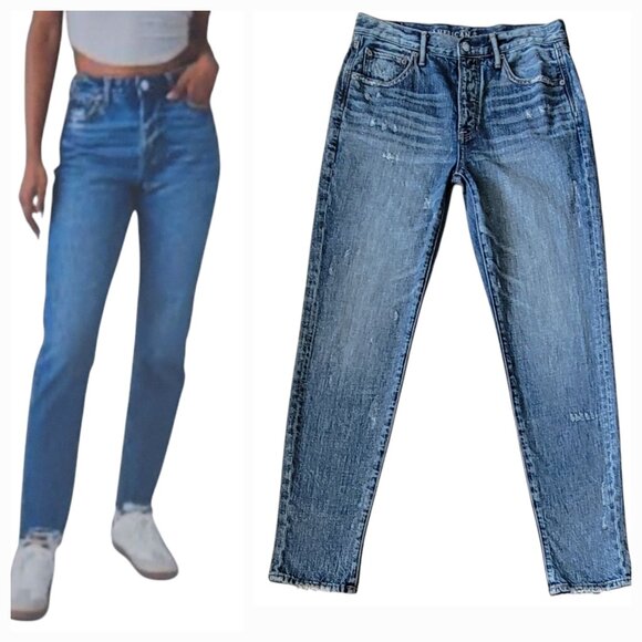 American Eagle Hi-Rise Girlfriend Button Fly Distressed Mom Jeans W28 L29 - Picture 1 of 12